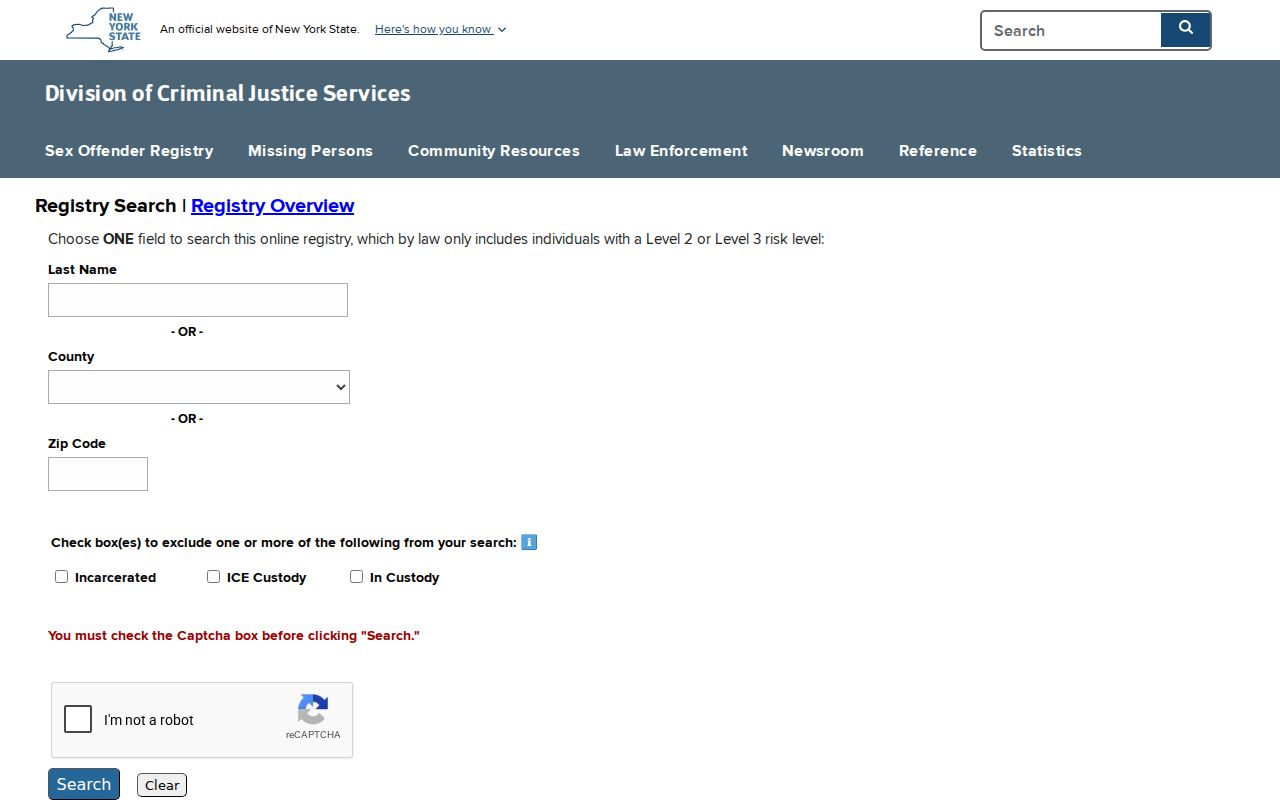 St. Lawrence County sex offender search form in the New York registry