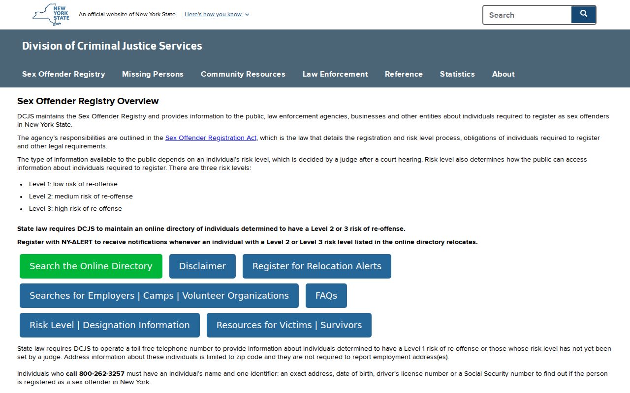 New York risk level information for a St. Lawrence County registry check